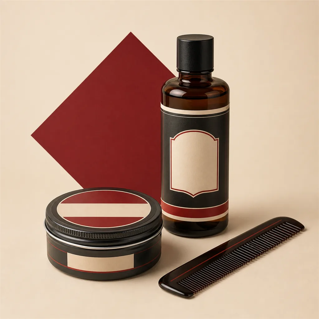 Ilustrační produktová vizualizace: Set Pomade + Foam Tonic + hřeben